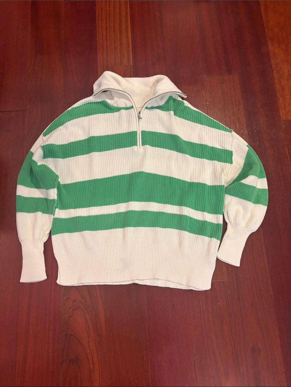 Women’s Green & White Striped Half-Zip Sweater